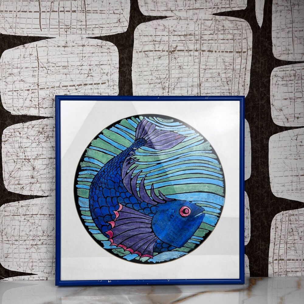 One of A Kind Fish Framed Artwork Signed C. Rousseau 14in Round Mat Square Frame